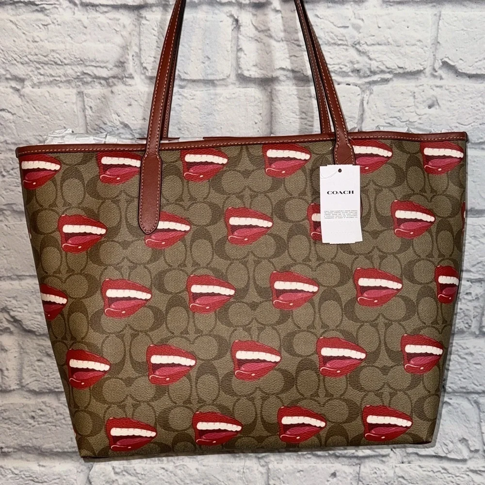 Coach Tom Wesselmann City Tote Bag Signature Canvas Smile Mouth Lips Teeth Print